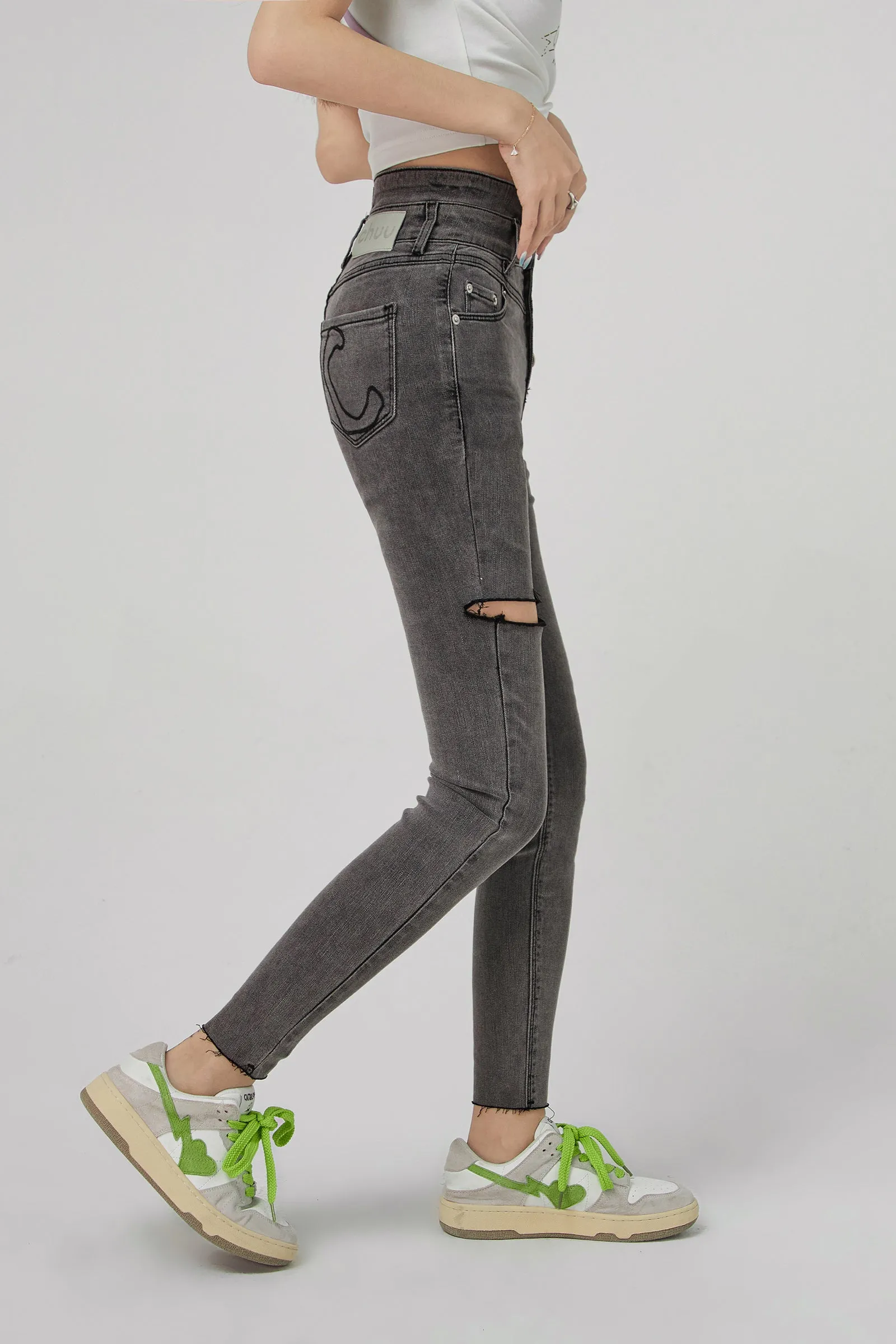 High Waist Button Slim Jeans