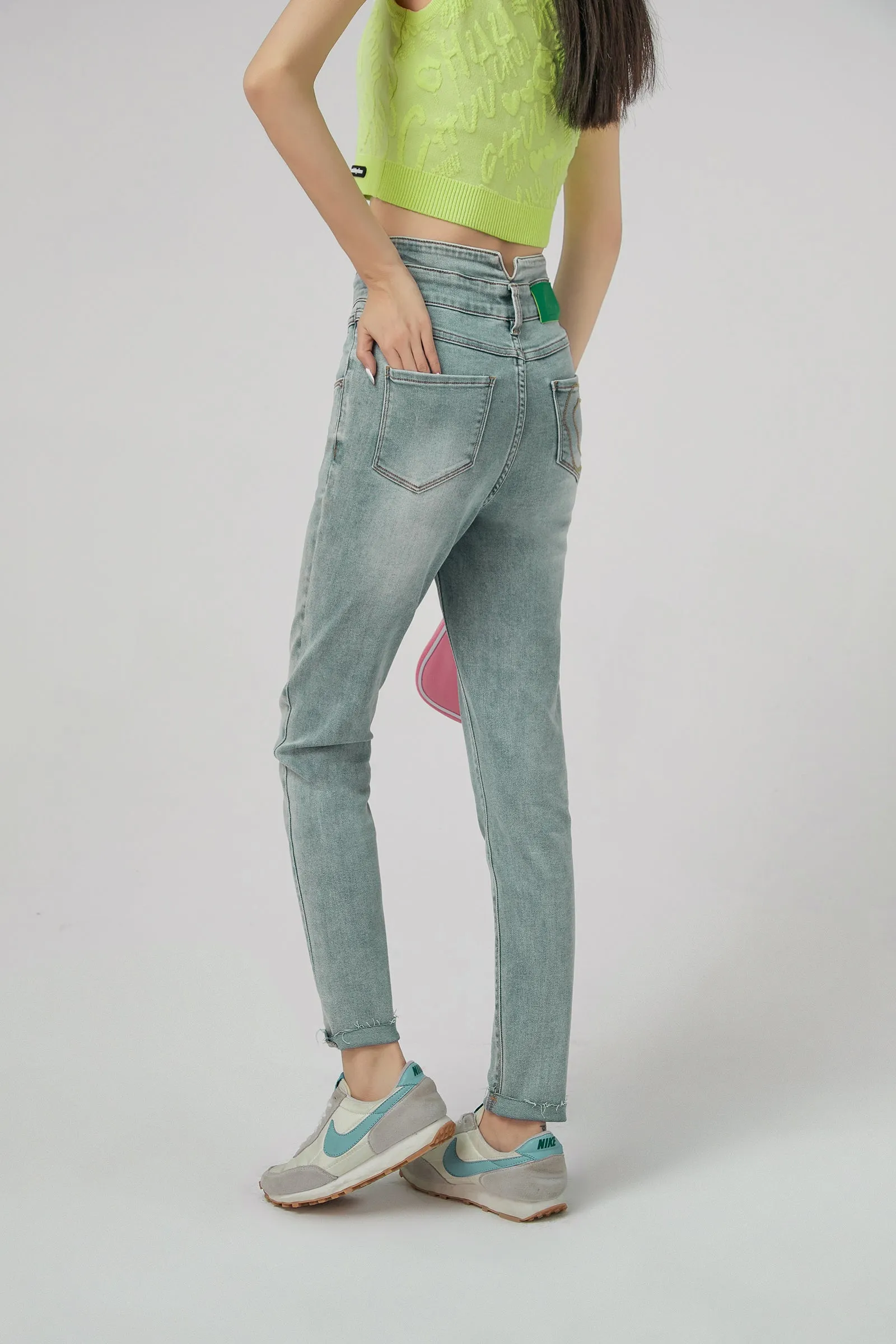 High Waist Button Slim Jeans