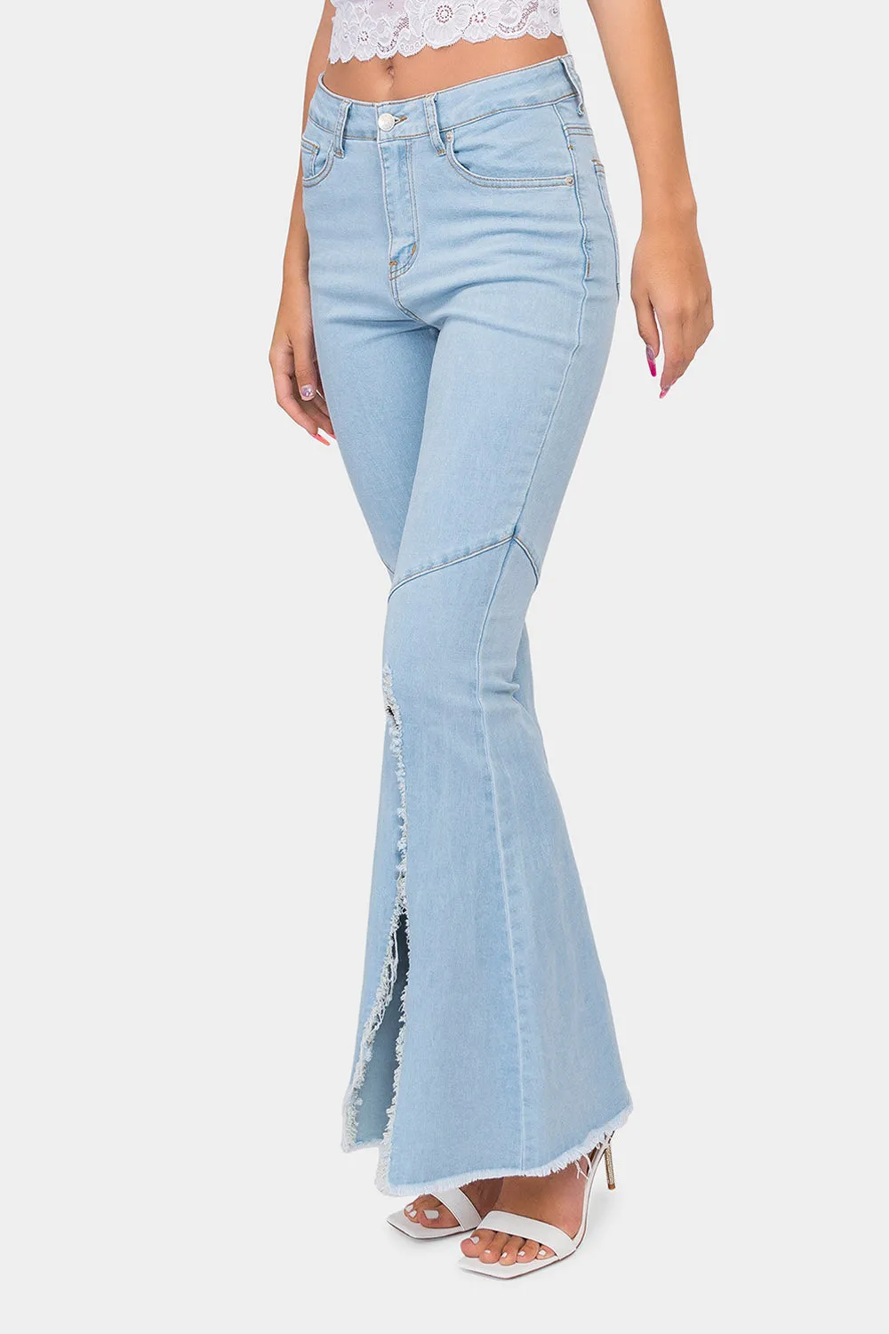 High Waist Front Slit Flare Jeans