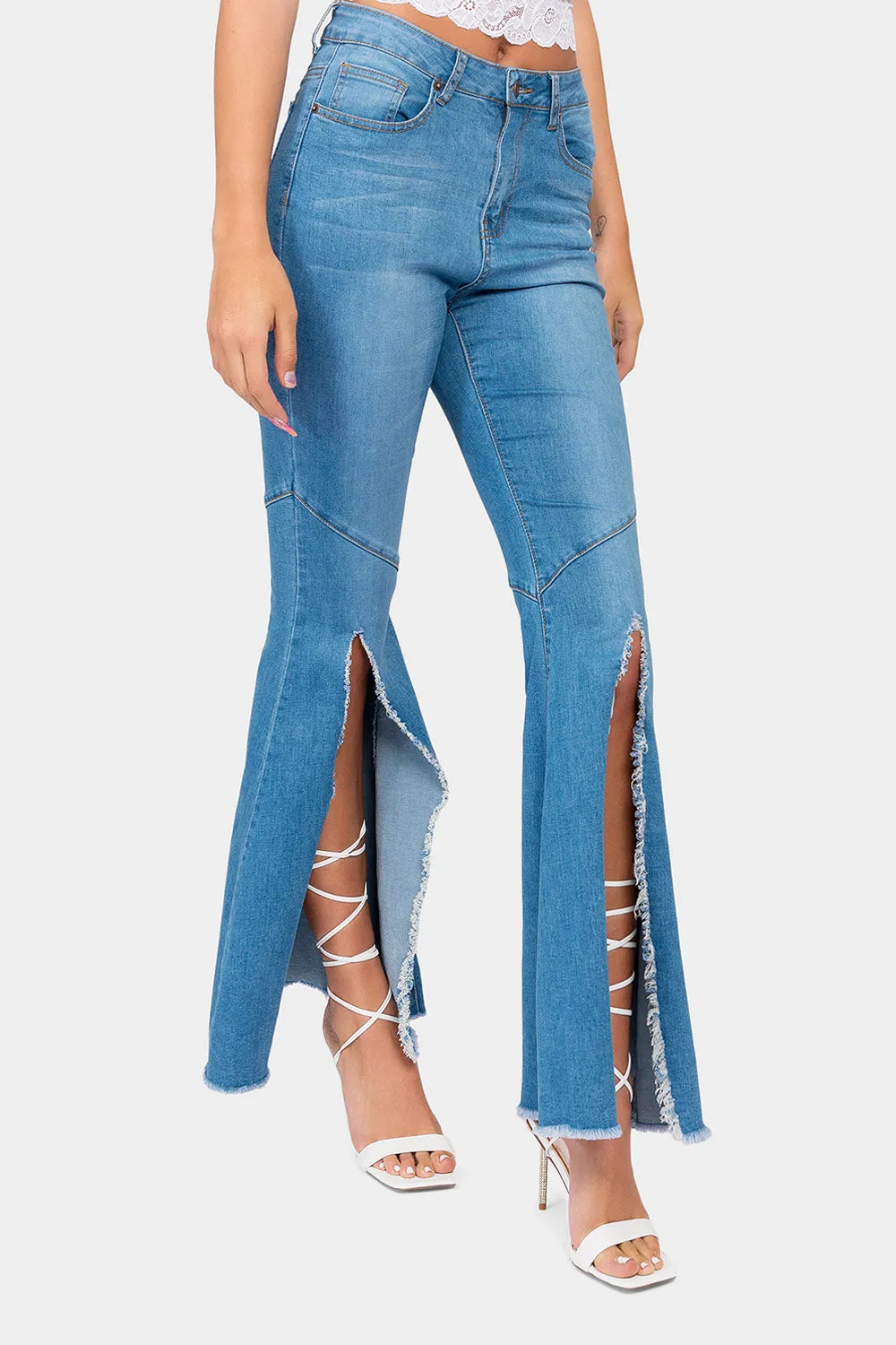 High Waist Front Slit Flare Jeans