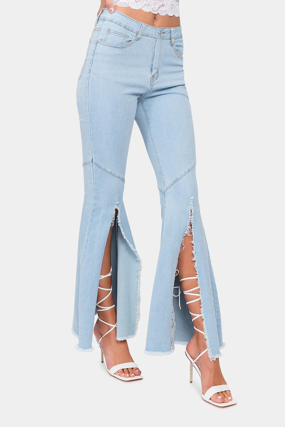 High Waist Front Slit Flare Jeans