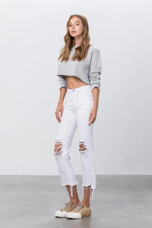 High Waist Ripped Frayed Hem Straight Jeans