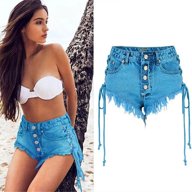 Highwaisted Mini Jeans Shorts Women Both Side Tie Short Sexy Denim