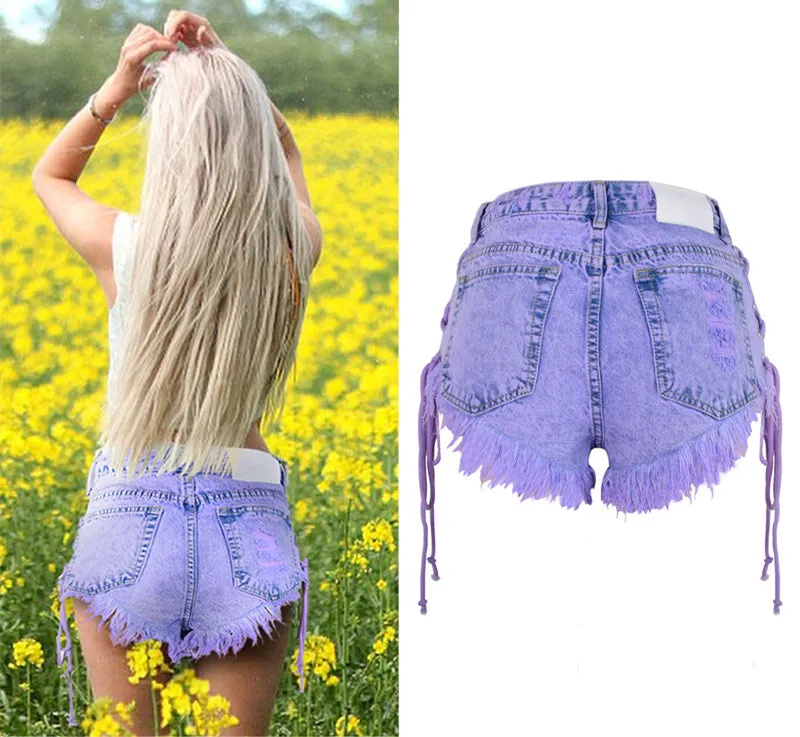 Highwaisted Mini Jeans Shorts Women Both Side Tie Short Sexy Denim