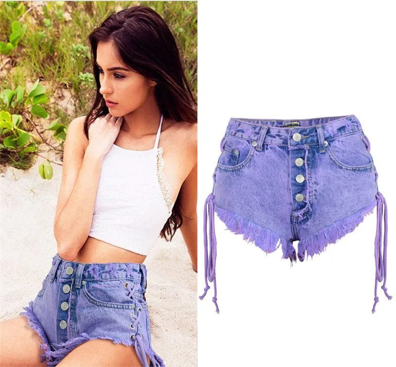 Highwaisted Mini Jeans Shorts Women Both Side Tie Short Sexy Denim