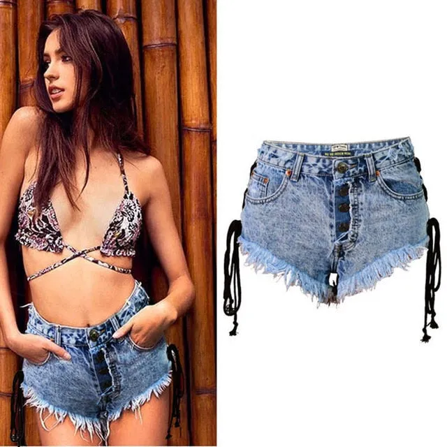 Highwaisted Mini Jeans Shorts Women Both Side Tie Short Sexy Denim