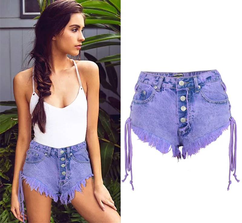 Highwaisted Mini Jeans Shorts Women Both Side Tie Short Sexy Denim