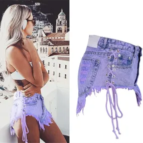 Highwaisted Mini Jeans Shorts Women Both Side Tie Short Sexy Denim