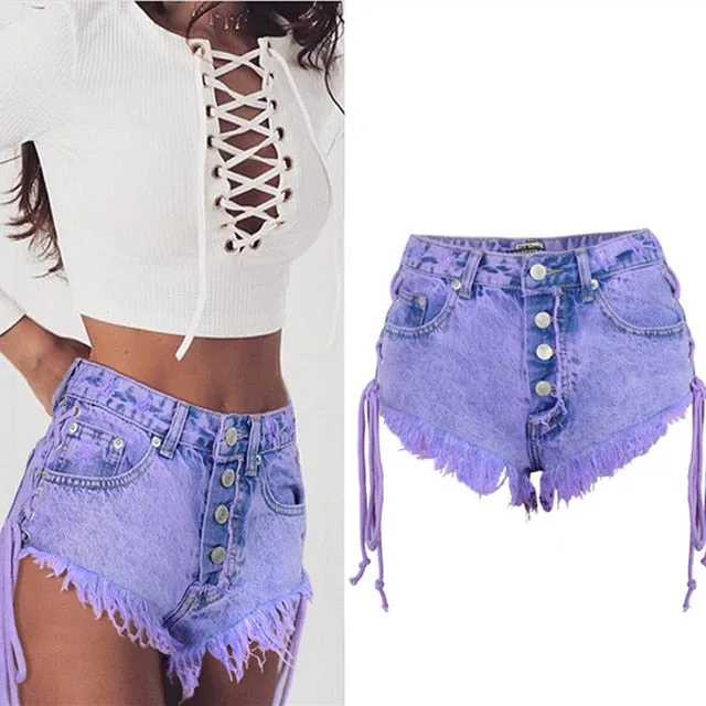 Highwaisted Mini Jeans Shorts Women Both Side Tie Short Sexy Denim