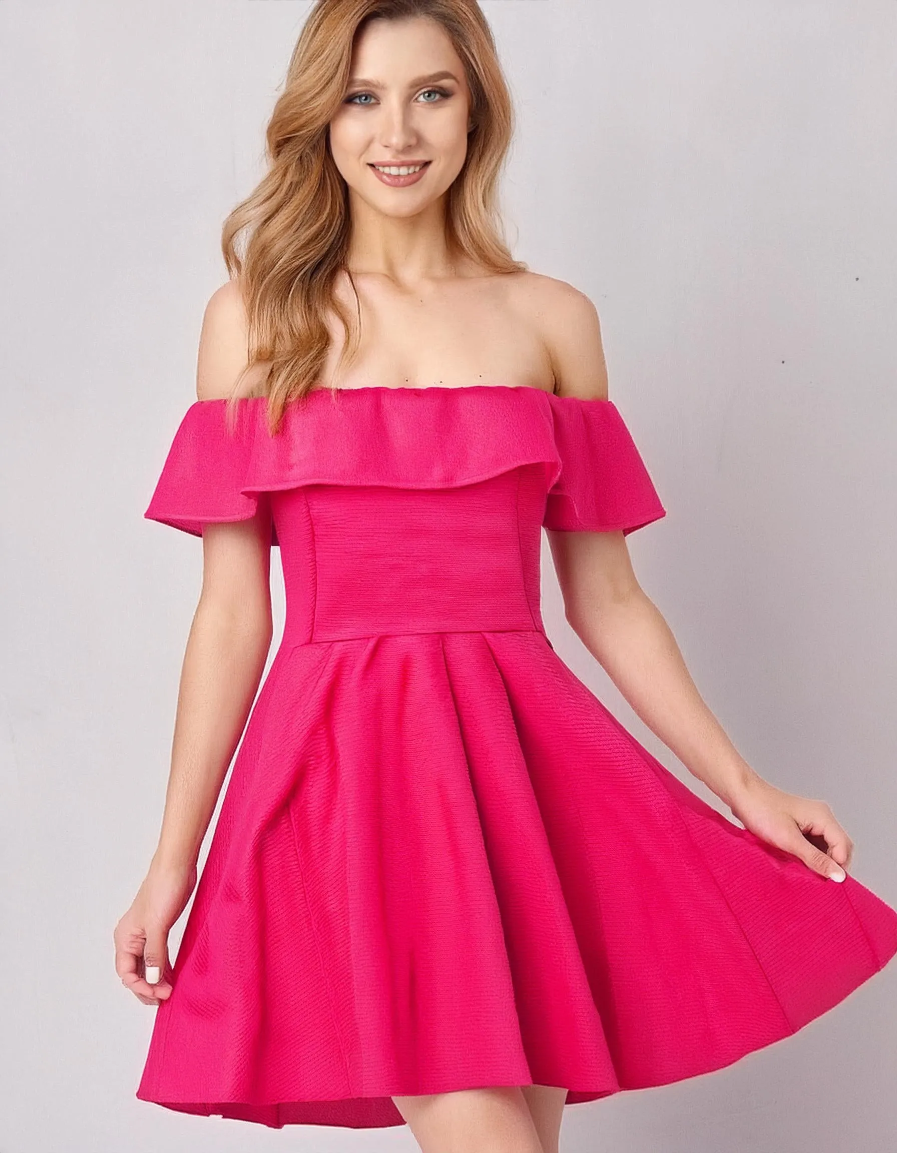 Hot Pink Off-Shoulder A-Line Dress