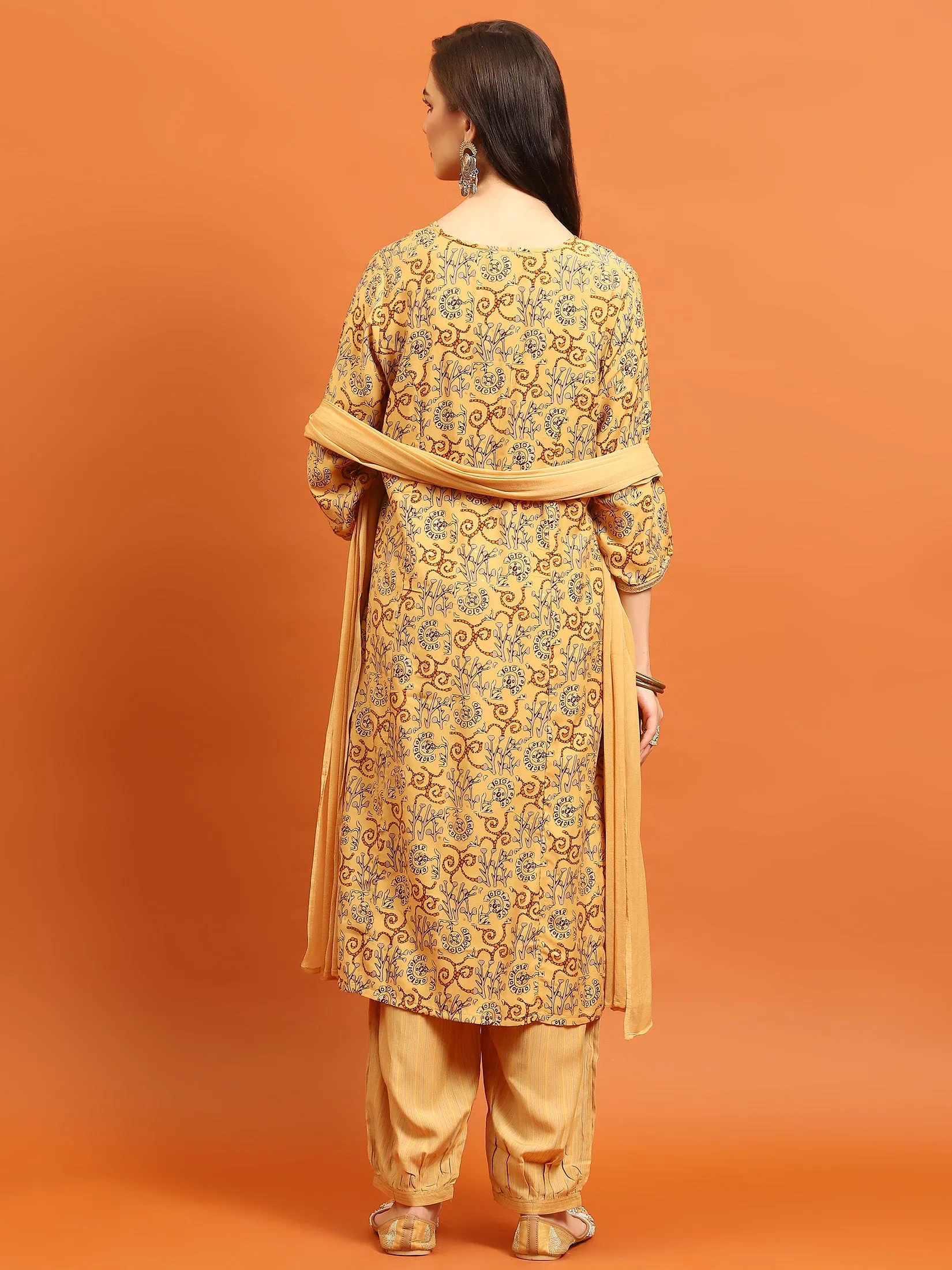 Indiessence Women Yellow Abstract Printed Kurta Harem Pant Dupatta