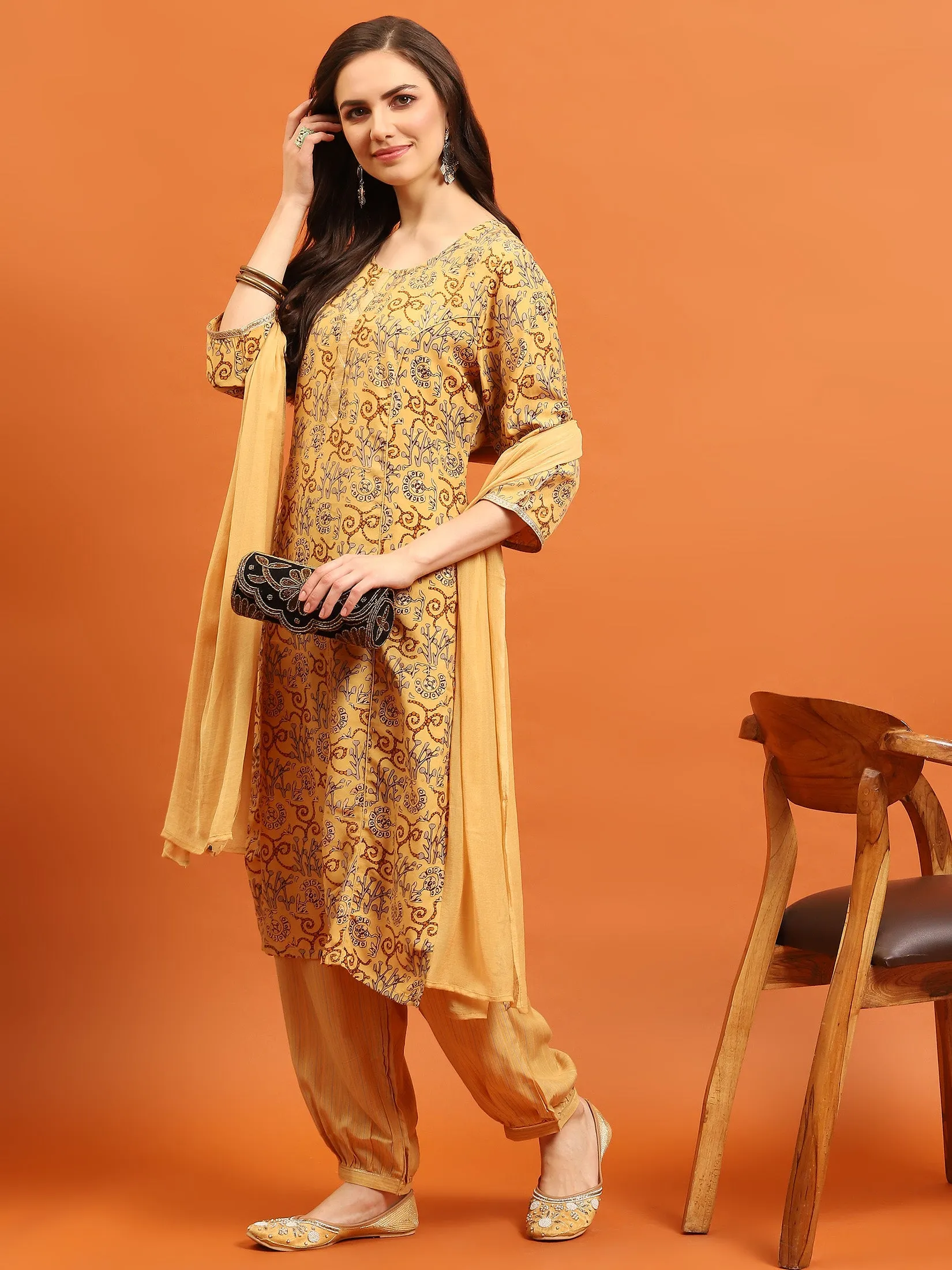 Indiessence Women Yellow Abstract Printed Kurta Harem Pant Dupatta