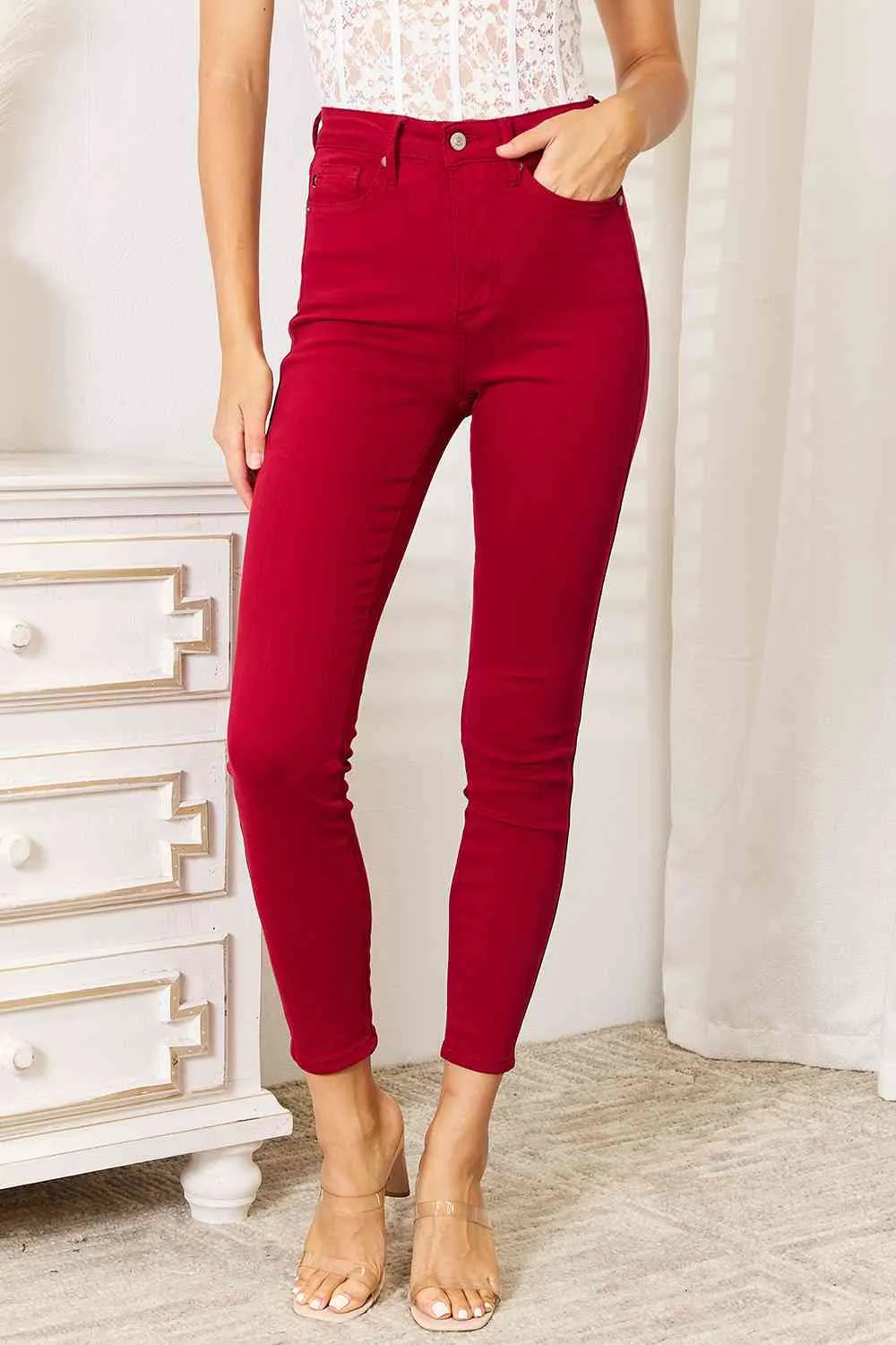 Judy Blue Deep Red High Waist Tummy Control Skinny Jeans