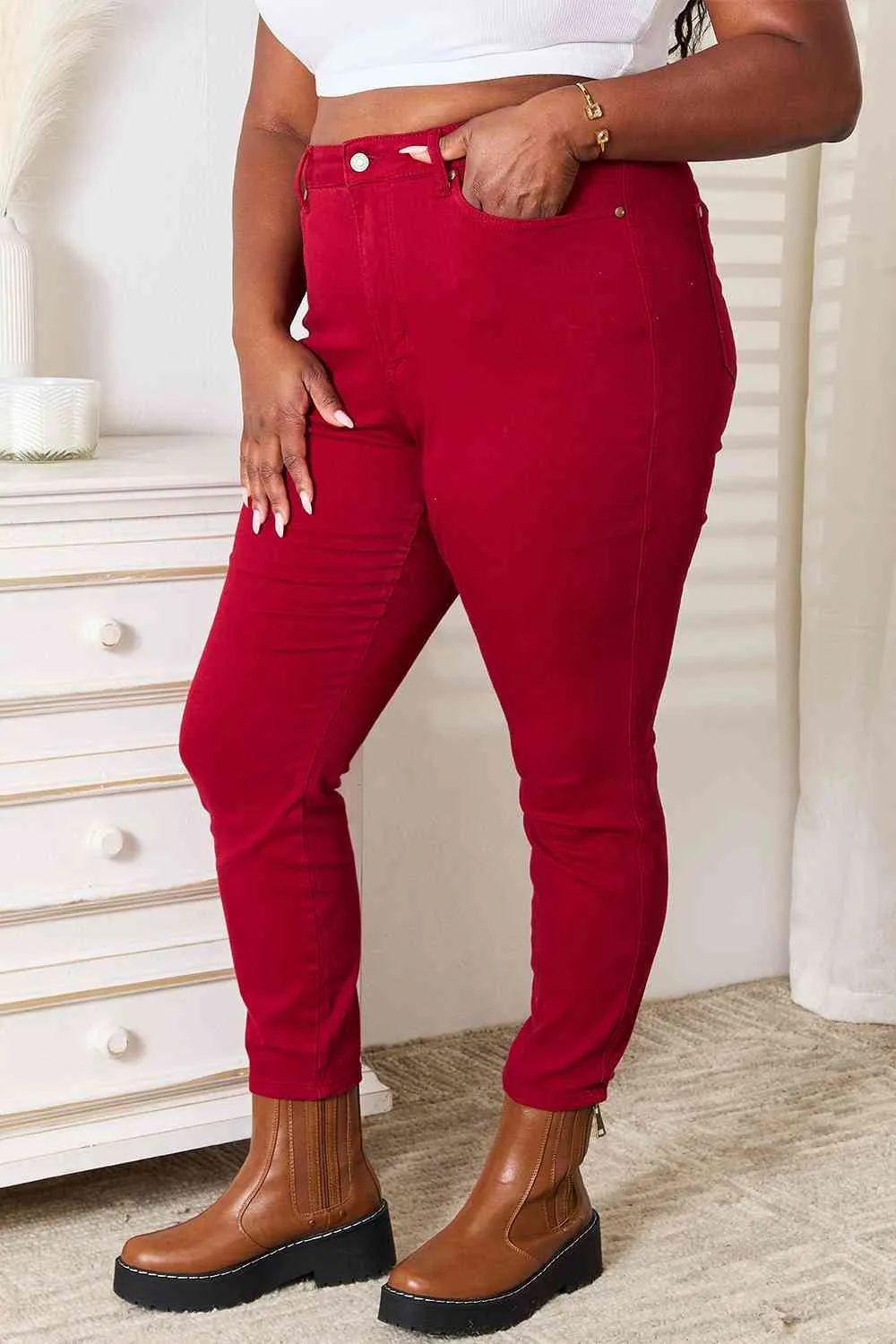 Judy Blue Deep Red High Waist Tummy Control Skinny Jeans