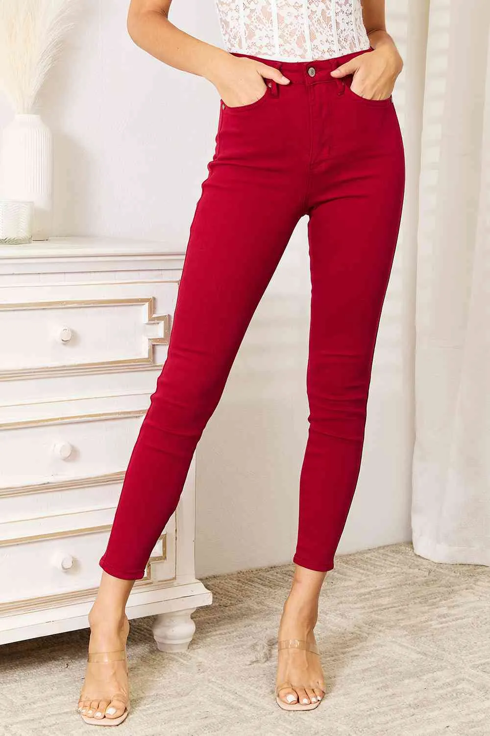 Judy Blue Deep Red High Waist Tummy Control Skinny Jeans