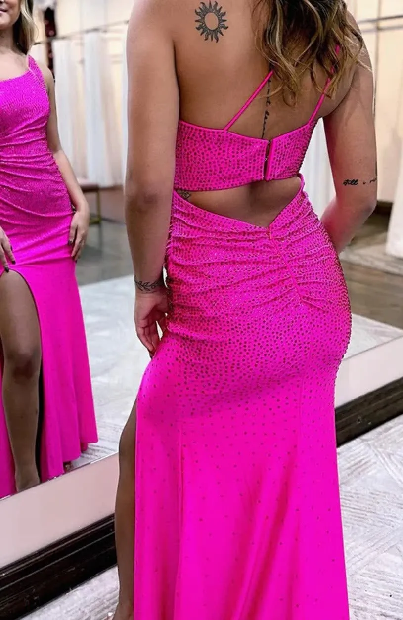 kamahe Sheath One Shoulder Fuchsia Long Prom Dress with Beading Party Dresses