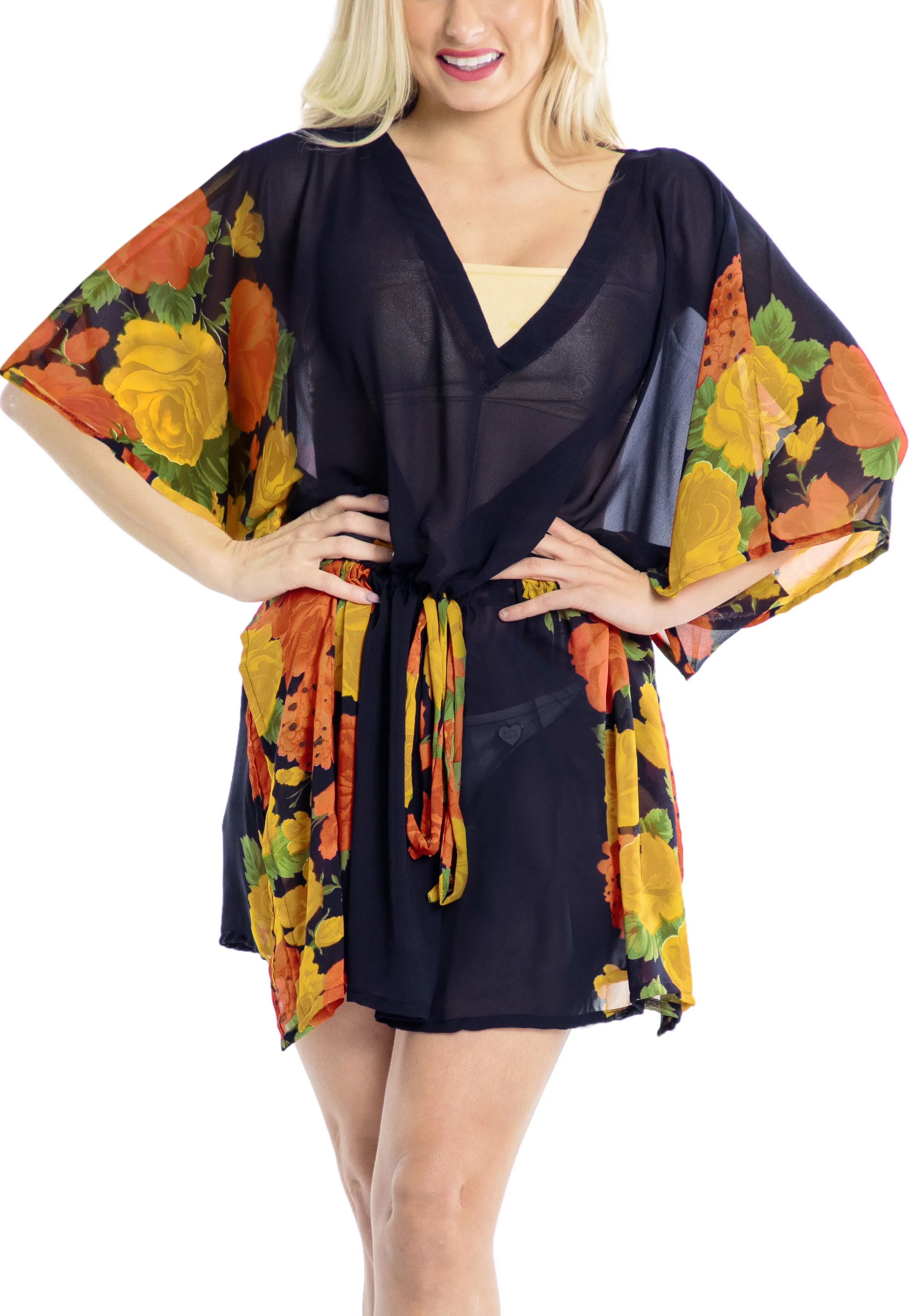 LA LEELA Kimono Beach Cover ups Women Plus Size Orange_Y322 OSFM 16-28W [XL- 4X]