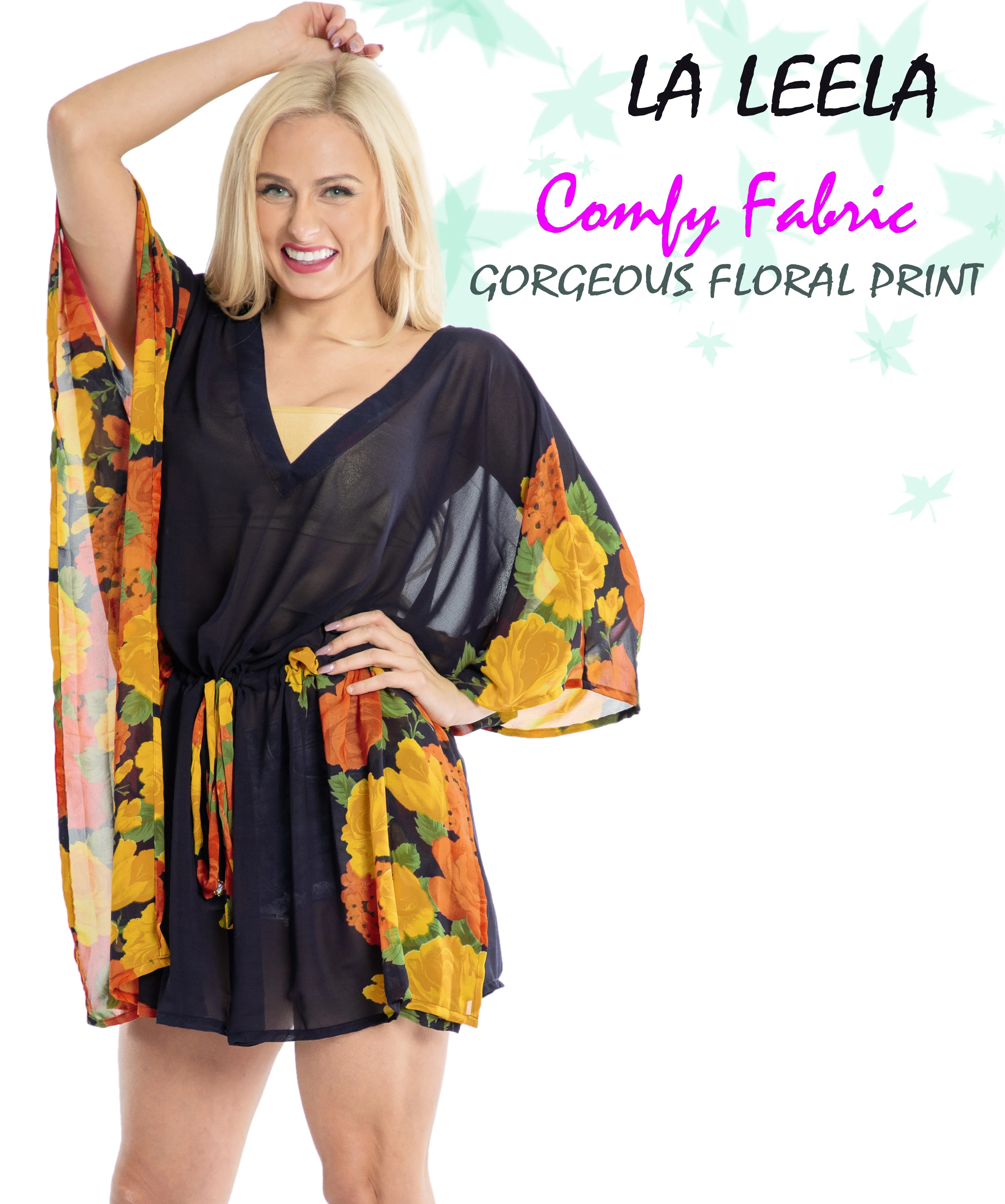 LA LEELA Kimono Beach Cover ups Women Plus Size Orange_Y322 OSFM 16-28W [XL- 4X]