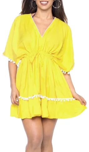 La Leela Rayon V NECK POM POM LACE Beach SWIMSUIT Cover up TUNIC Caftan Yellow