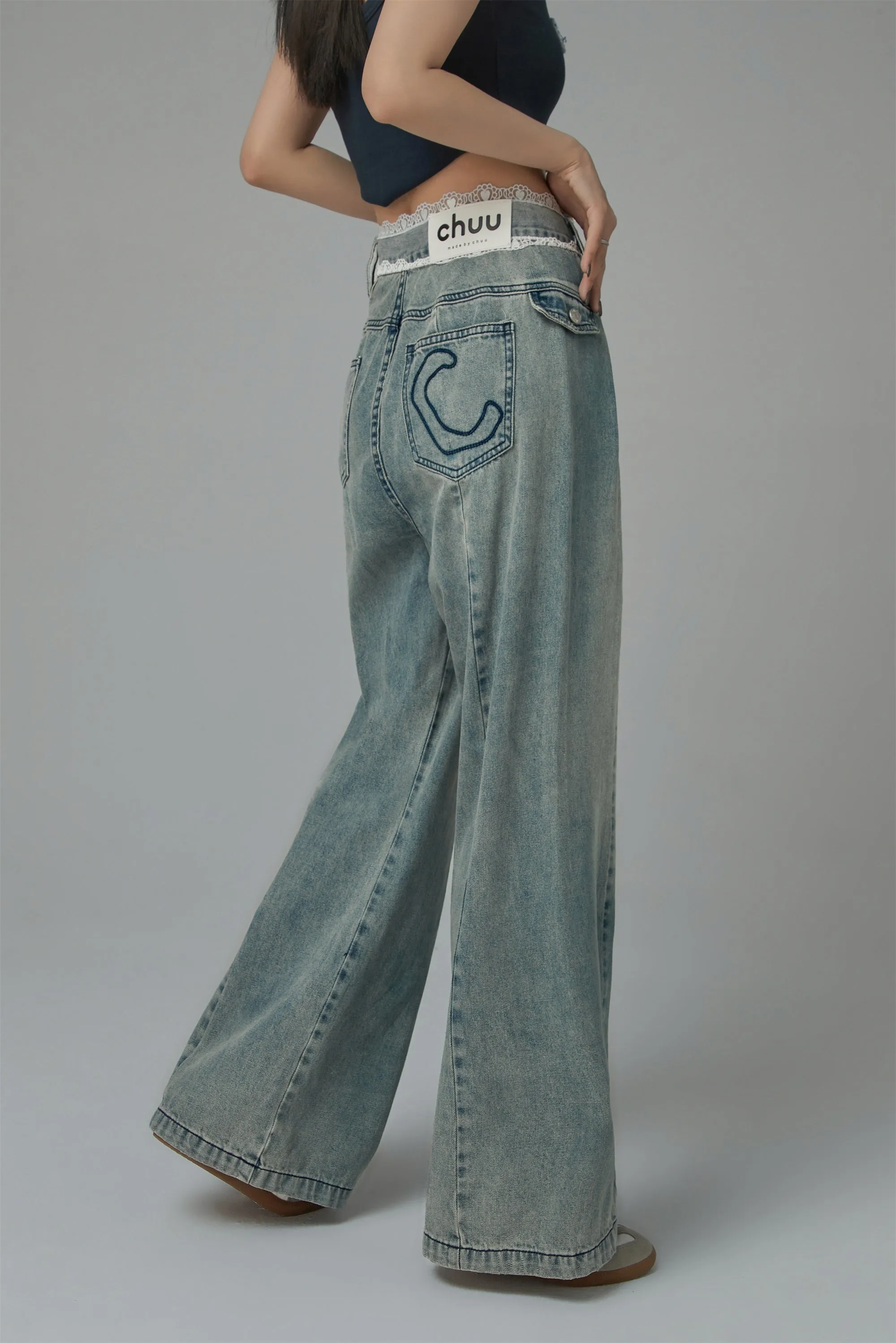 Lace High Waist Wide Straight Jeans