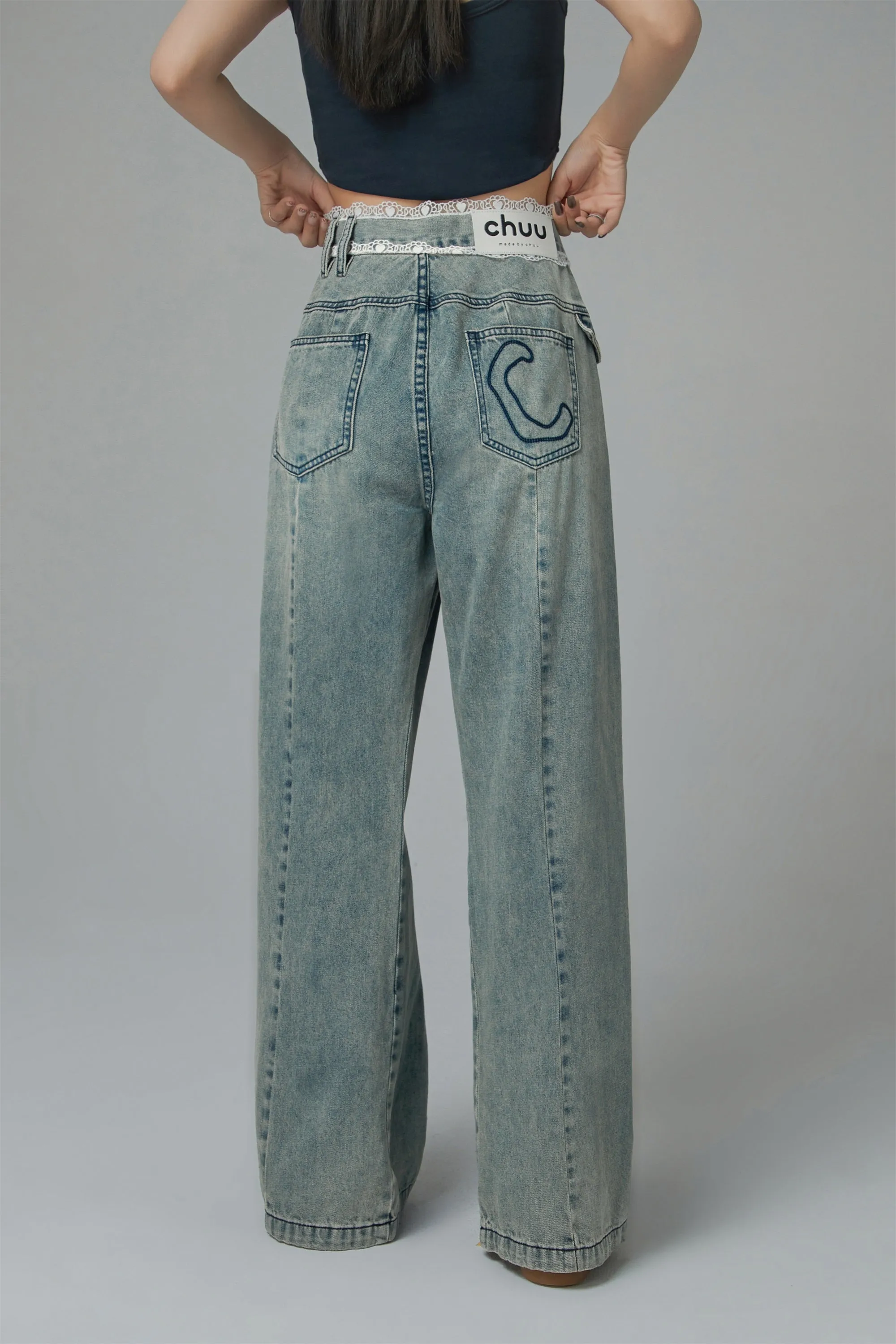 Lace High Waist Wide Straight Jeans