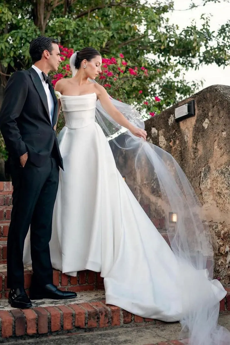 Lenny | White Strapless Satin A-Line Wedding Dresses