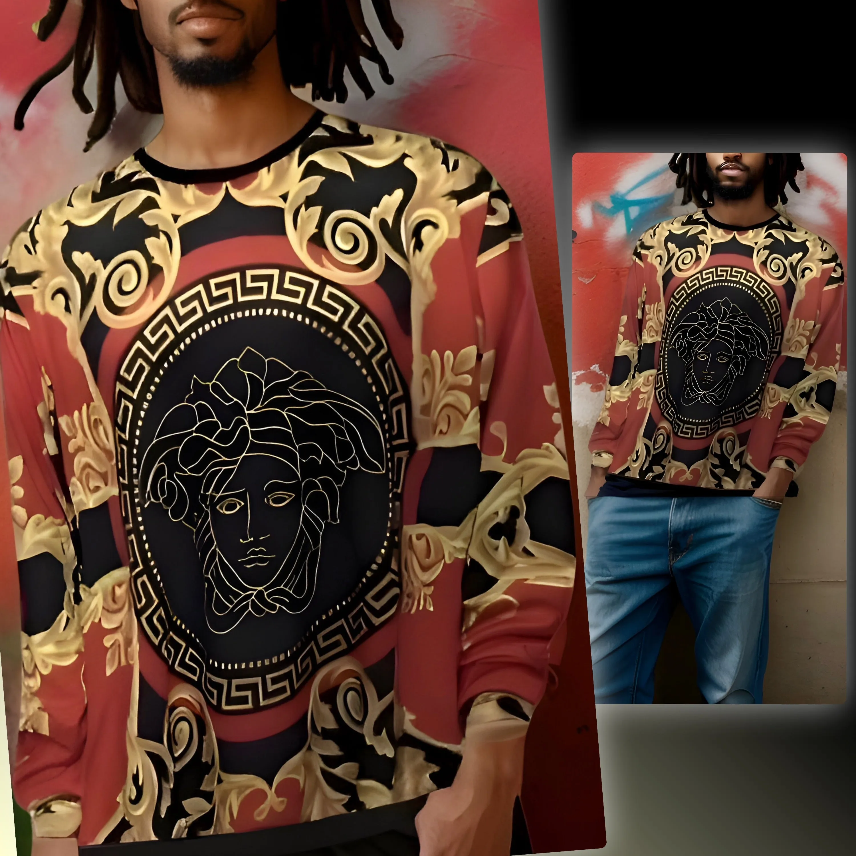 ^LUXURY^ (ITALIAN STYLE) LONG SLEEVE TEES (RED-GOLD MULTI)