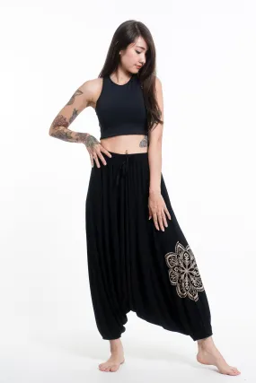 Mandala Print Drawstring Low Cut Harem Pants Cotton Spandex in Black