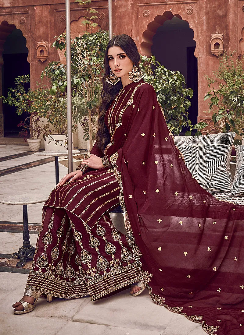 Maroon Designer Palazzo Suit