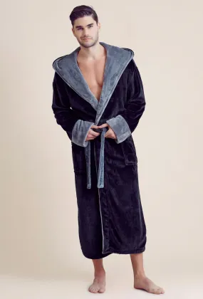 Men Plush Shawl Collar Robe, Fluffy Spa Robes, Winter Warm House & Hotel Robes (Navy & Gray)