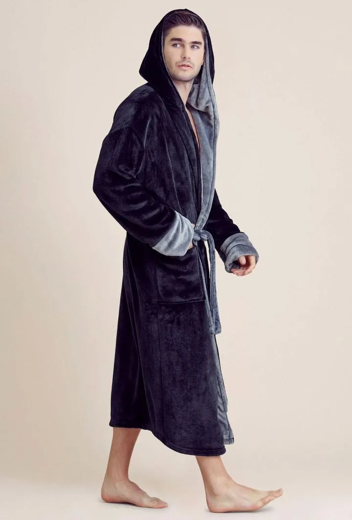 Men Plush Shawl Collar Robe, Fluffy Spa Robes, Winter Warm House & Hotel Robes (Navy & Gray)