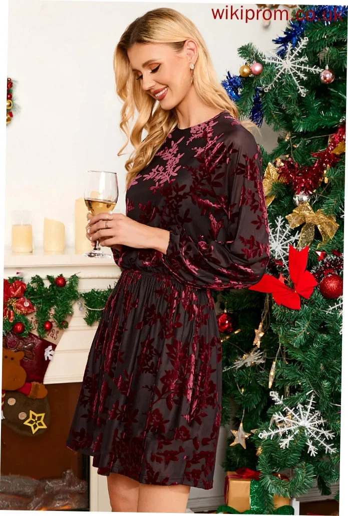 Mini Neck Juliana Elegant Polyester Long Club Dresses Round Floral Dresses Print Sleeves A-line