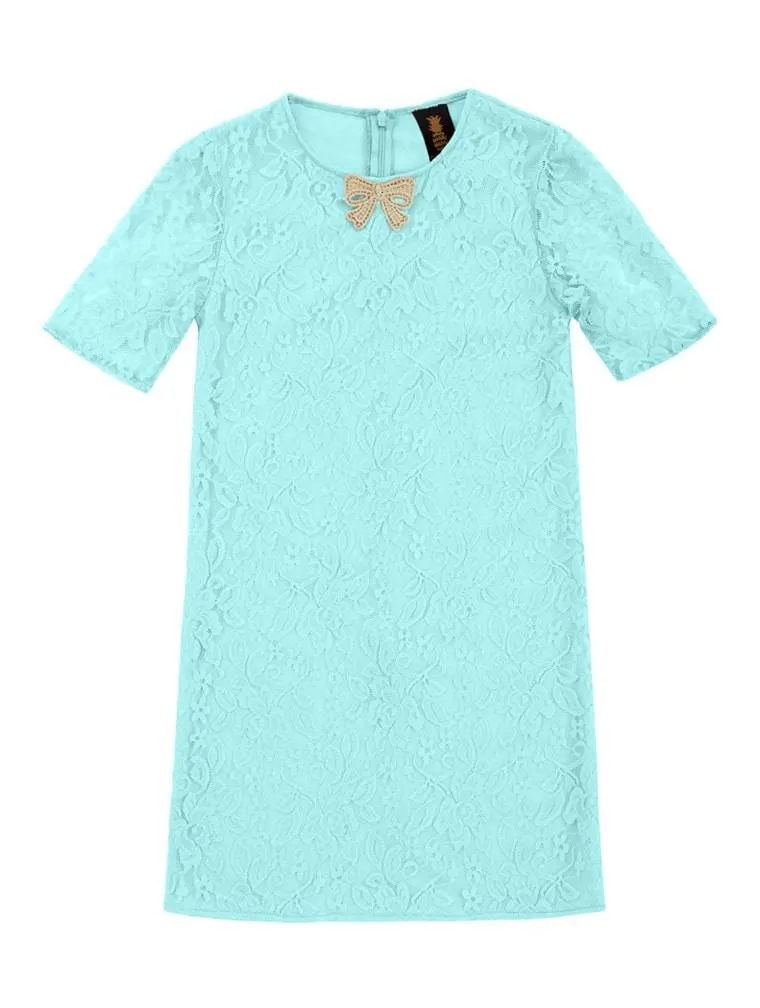 Mint Blue Lace Sleeved A-line Spring Summer Party Dress - Girls