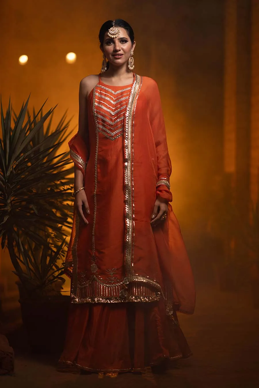 Orange Chanderi Embroidered Kurta Set