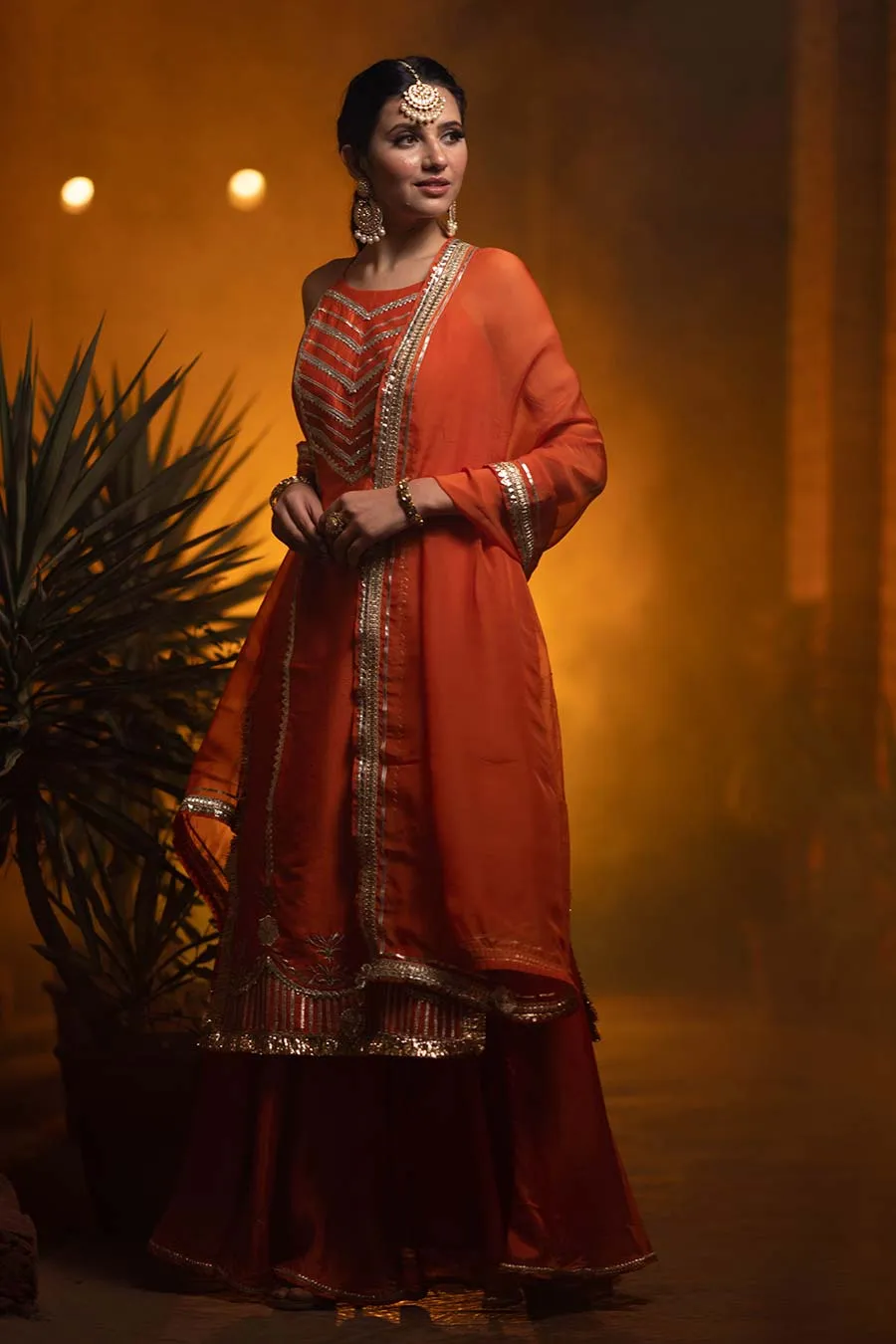 Orange Chanderi Embroidered Kurta Set