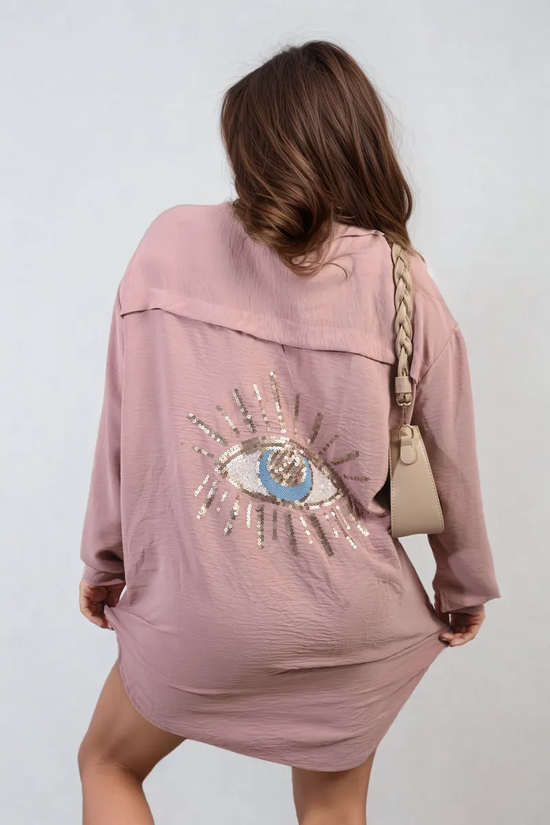 Oversized Long Sleeve Gold Sequin Eye Button Up Shirt