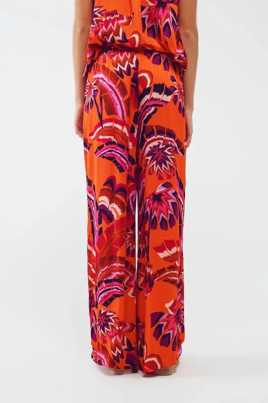 Palazzo Style Pants In Orange Abstract Floral Print