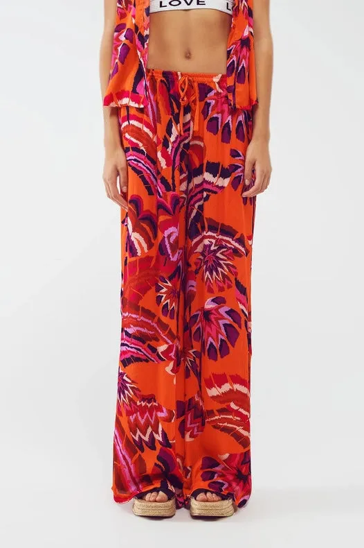 Palazzo Style Pants In Orange Abstract Floral Print