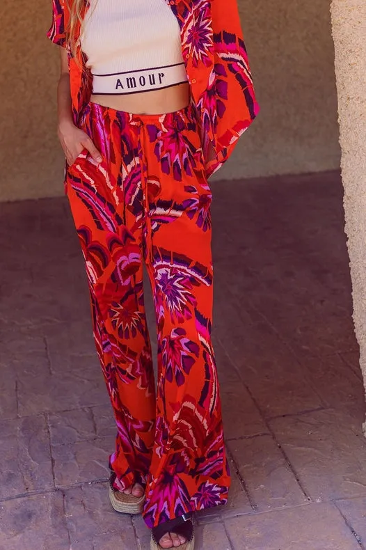 Palazzo Style Pants In Orange Abstract Floral Print