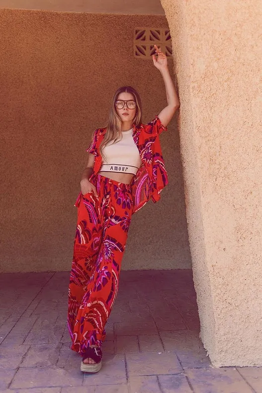 Palazzo Style Pants In Orange Abstract Floral Print