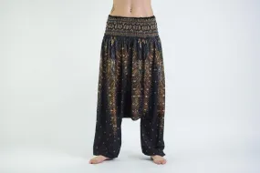 Peacock Feathers Low Cut Harem Pants in Black