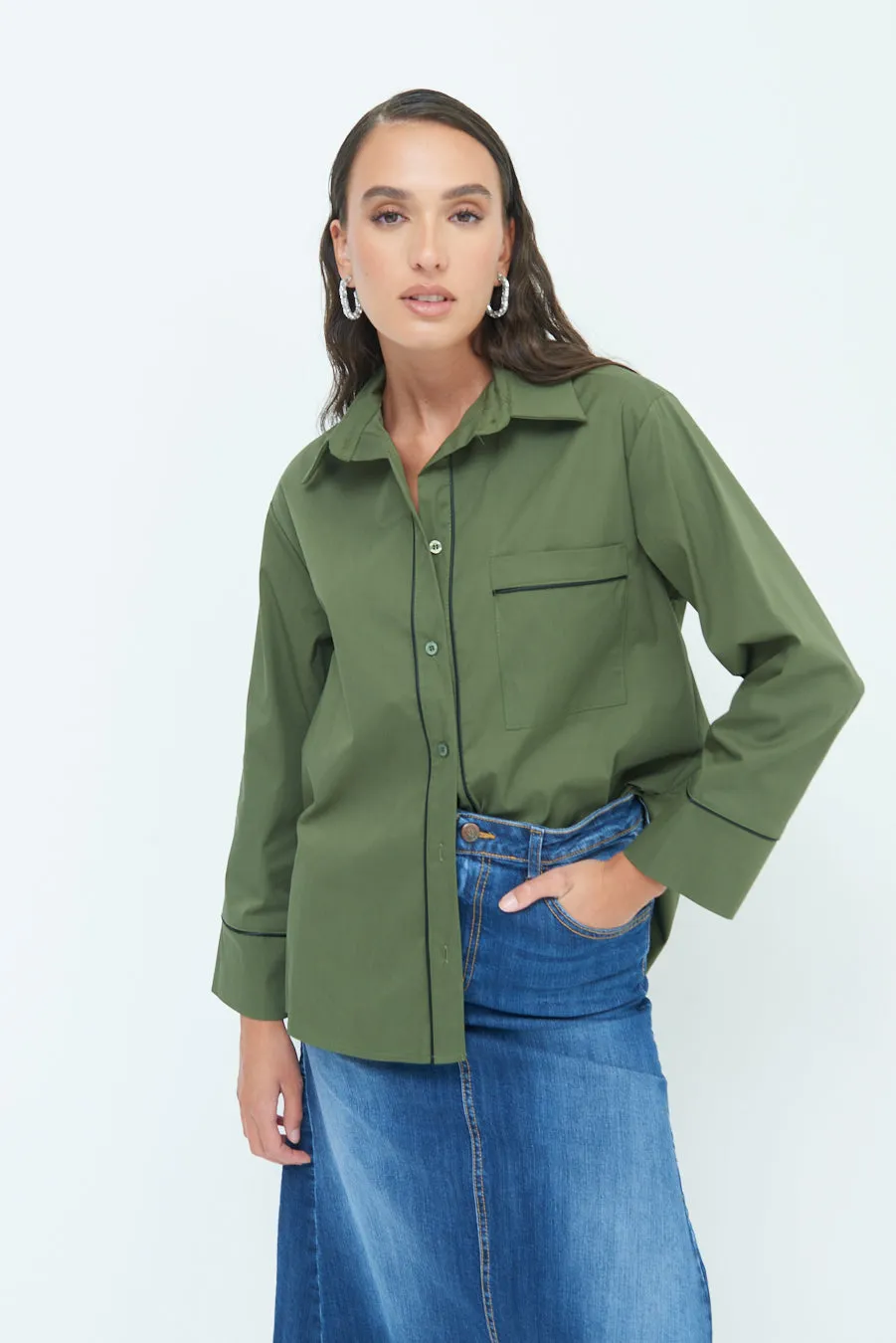 Piped detail button-up shirt wholesale