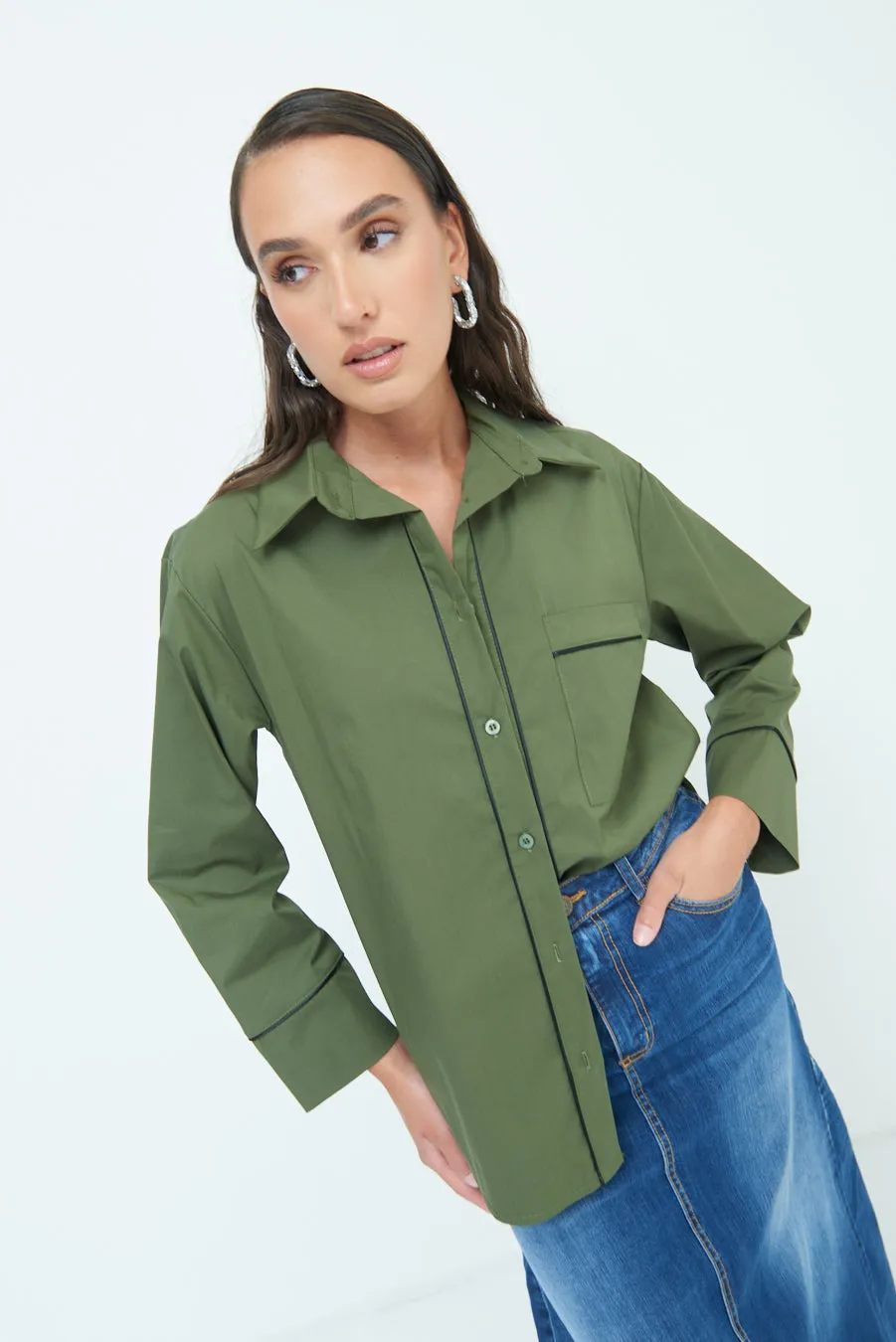 Piped detail button-up shirt wholesale