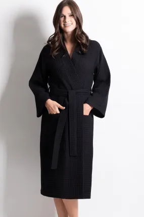 Premium Women's Long Waffle Cotton Turkish Bathrobe, Kimono Style, Comfort & Softness (Black)