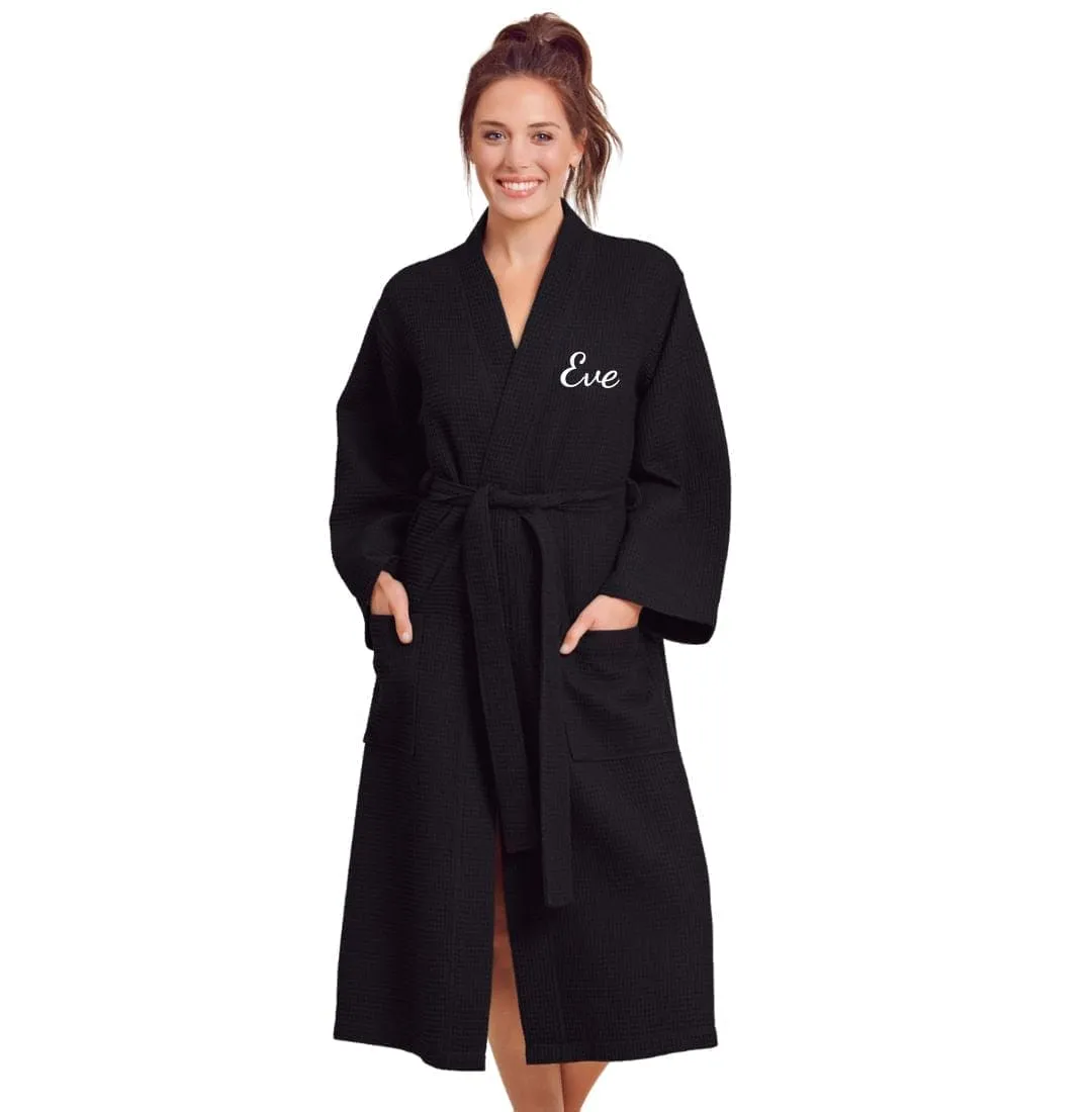 Premium Women's Long Waffle Cotton Turkish Bathrobe, Kimono Style, Comfort & Softness (Black)