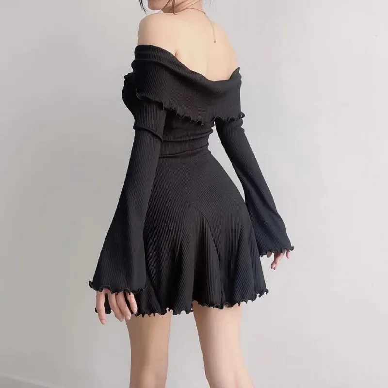 Sexy Black Autumn Strapless Off Shoulder Knitting Mini Club Party A-Line Dress