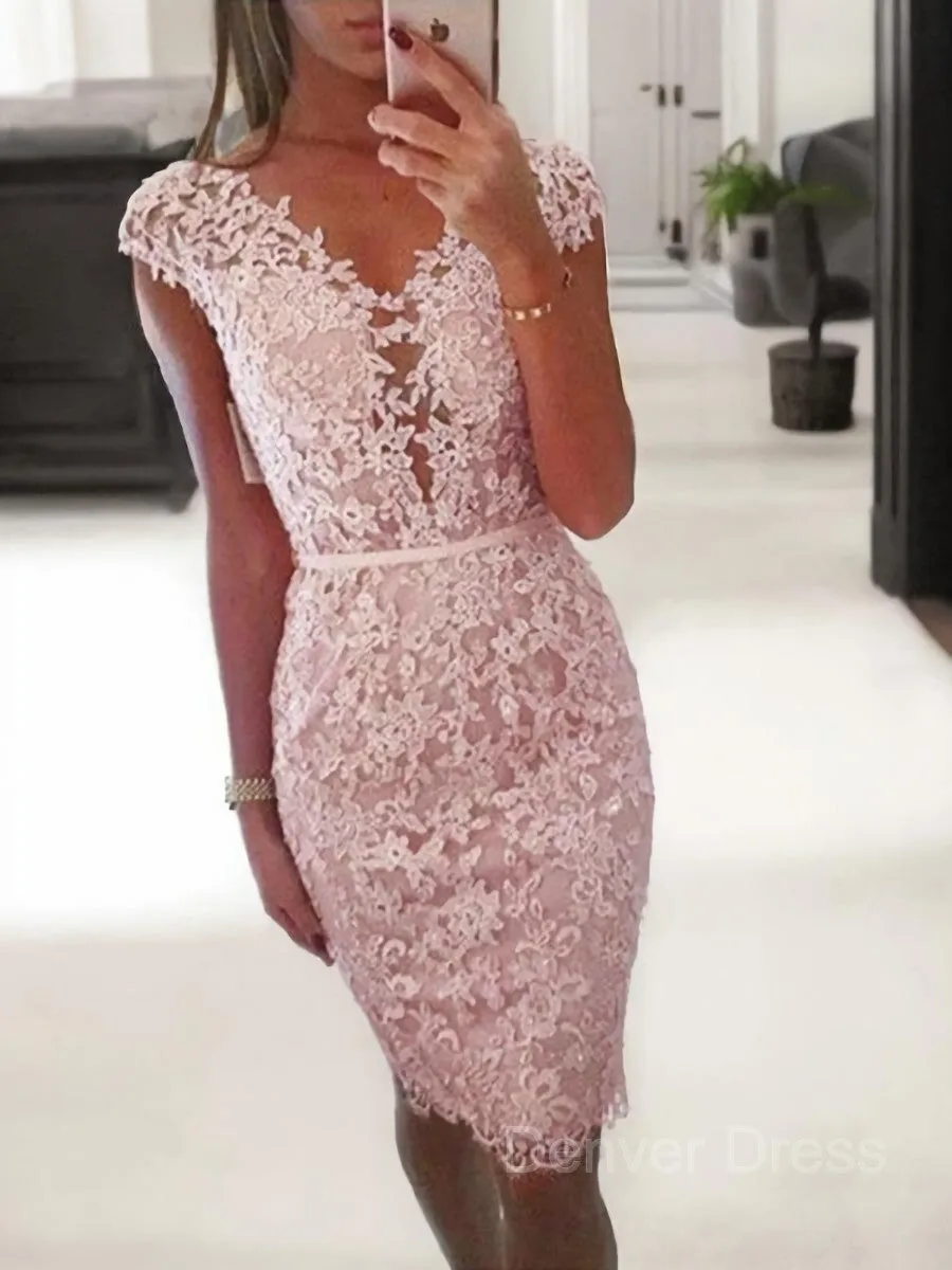 Sheath V-neck Knee-Length Lace Homecoming Dresses