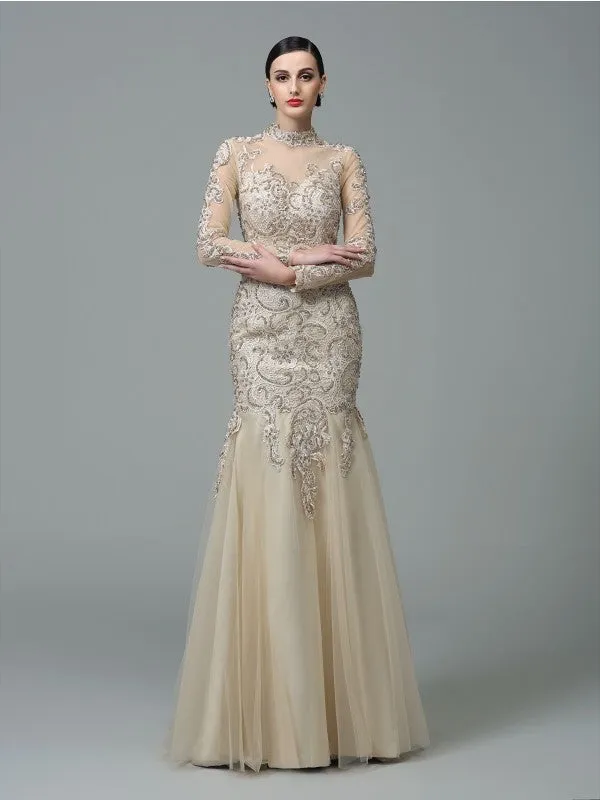 Sheath/Column High Neck Applique Long Sleeves Long Net Dresses