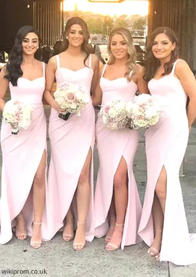 Sheath/Column Sweetheart Sleeveless Sweep Train Elastic Satin Bridesmaid Dresses With Pleated Split Reese SWKP0025400