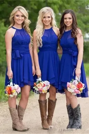 Short A Line Halter Chiffon Blue Bridesmaid Dresses Cheap Prom Dresses WK805